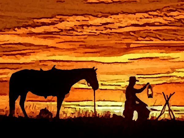 Image: Sunset silhouette of a cowboy holding a lantern near a campfire, his horse standing behind him.