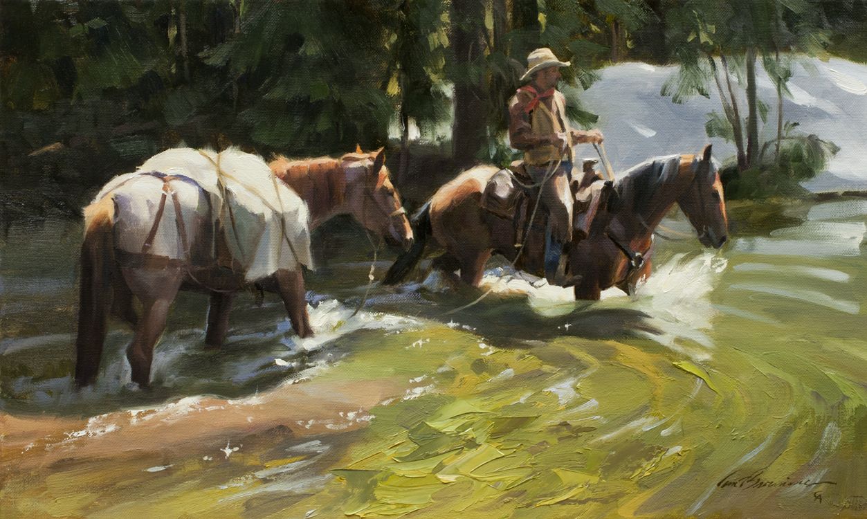 Tom Browning's painting 'Off the Trail' of a rider leading a second horse through shallow waters.